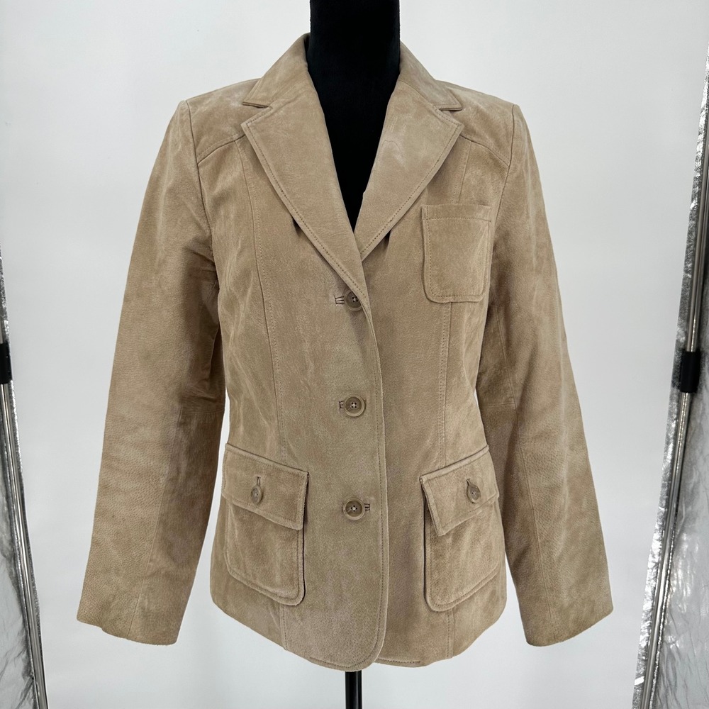 Y2K Style‎ & Co Beige Genuine Leather Button Up Blazer Jacket Boho Women's M
